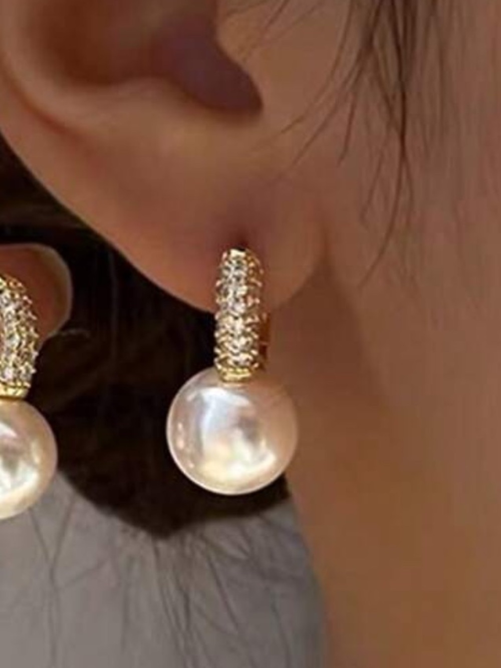 Gold Pearl Hoop Huggy Earrings with Crystal Accents